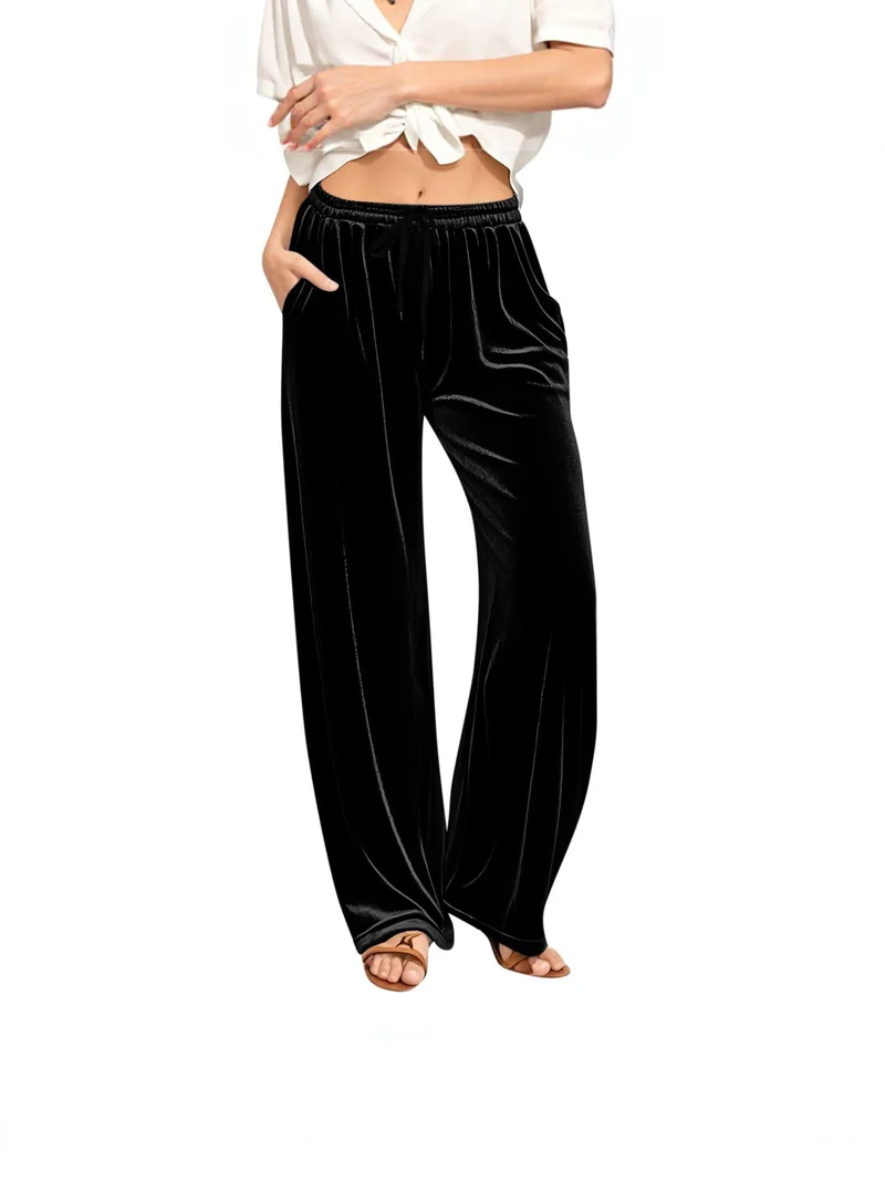 Damen Samt-Loungehose mit weitem Bein, Tunnelzugbund und Eingrifftaschen Nord Taschen