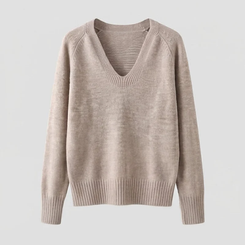 Damen feiner Strickpullover mit weichem V-Ausschnitt, leichter Oversized-Silhouette und gerippten Bündchen Nord Taschen