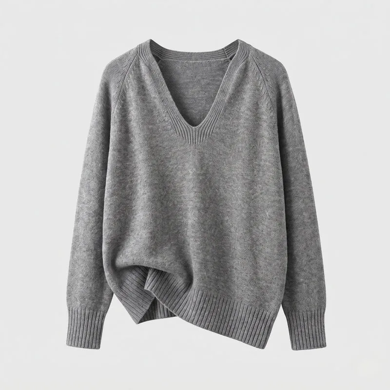 Damen feiner Strickpullover mit weichem V-Ausschnitt, leichter Oversized-Silhouette und gerippten Bündchen Nord Taschen