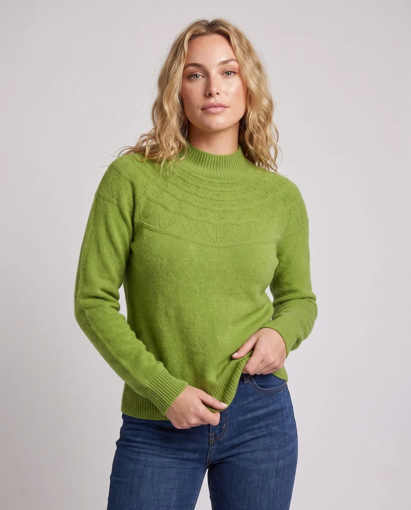 Damen feine Strickpullover mit kurzem Stehkragen und dekorativem Jacquard-Passe Nord Taschen