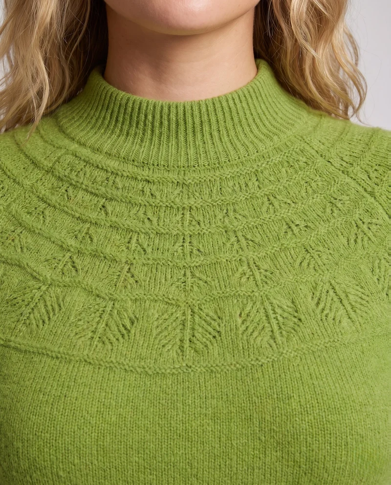 Damen feine Strickpullover mit kurzem Stehkragen und dekorativem Jacquard-Passe Nord Taschen