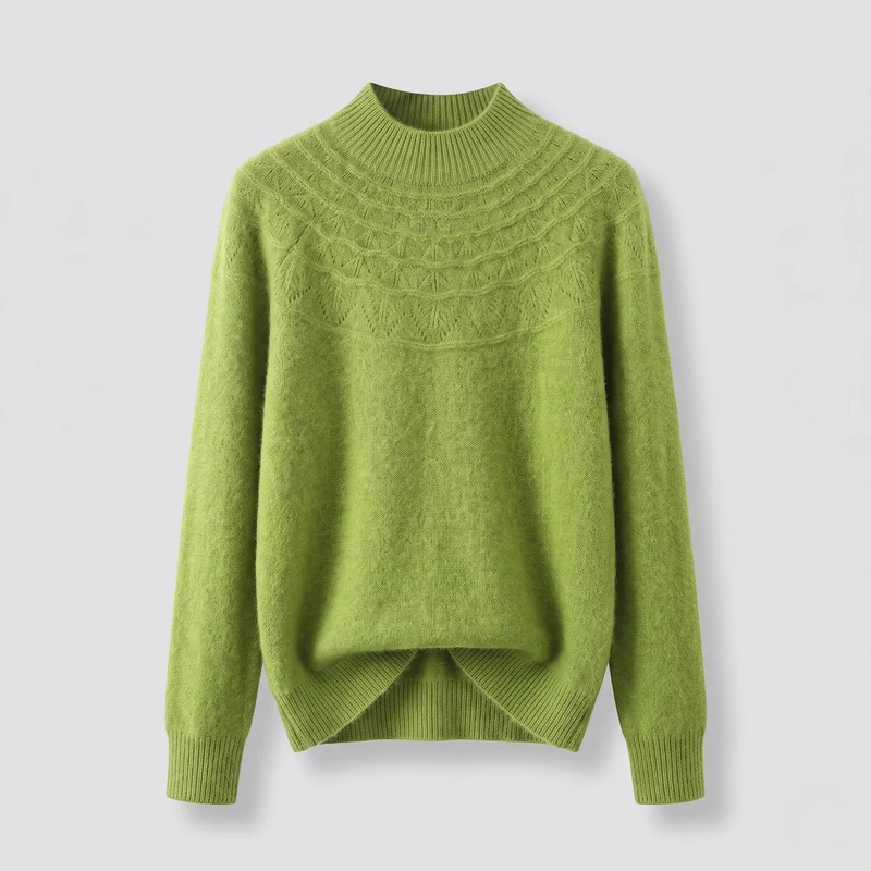 Damen feine Strickpullover mit kurzem Stehkragen und dekorativem Jacquard-Passe Nord Taschen