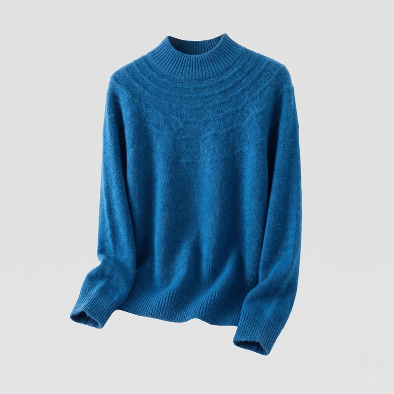 Damen feine Strickpullover mit kurzem Stehkragen und dekorativem Jacquard-Passe Nord Taschen