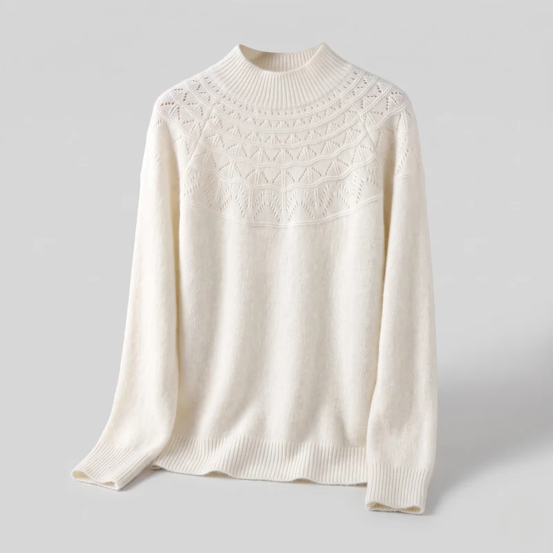 Damen feine Strickpullover mit kurzem Stehkragen und dekorativem Jacquard-Passe Nord Taschen