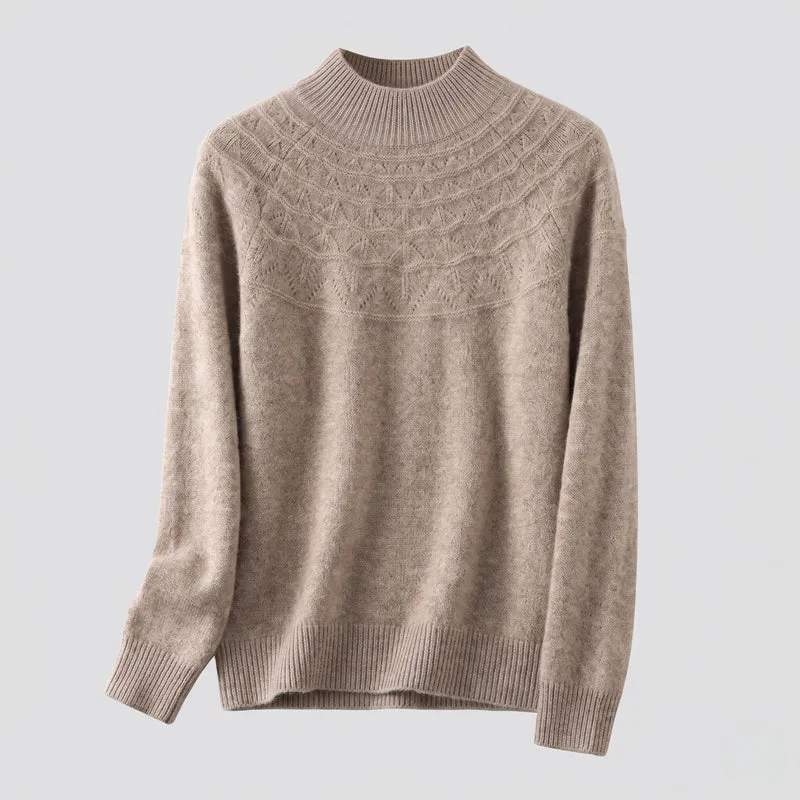 Damen feine Strickpullover mit kurzem Stehkragen und dekorativem Jacquard-Passe Nord Taschen