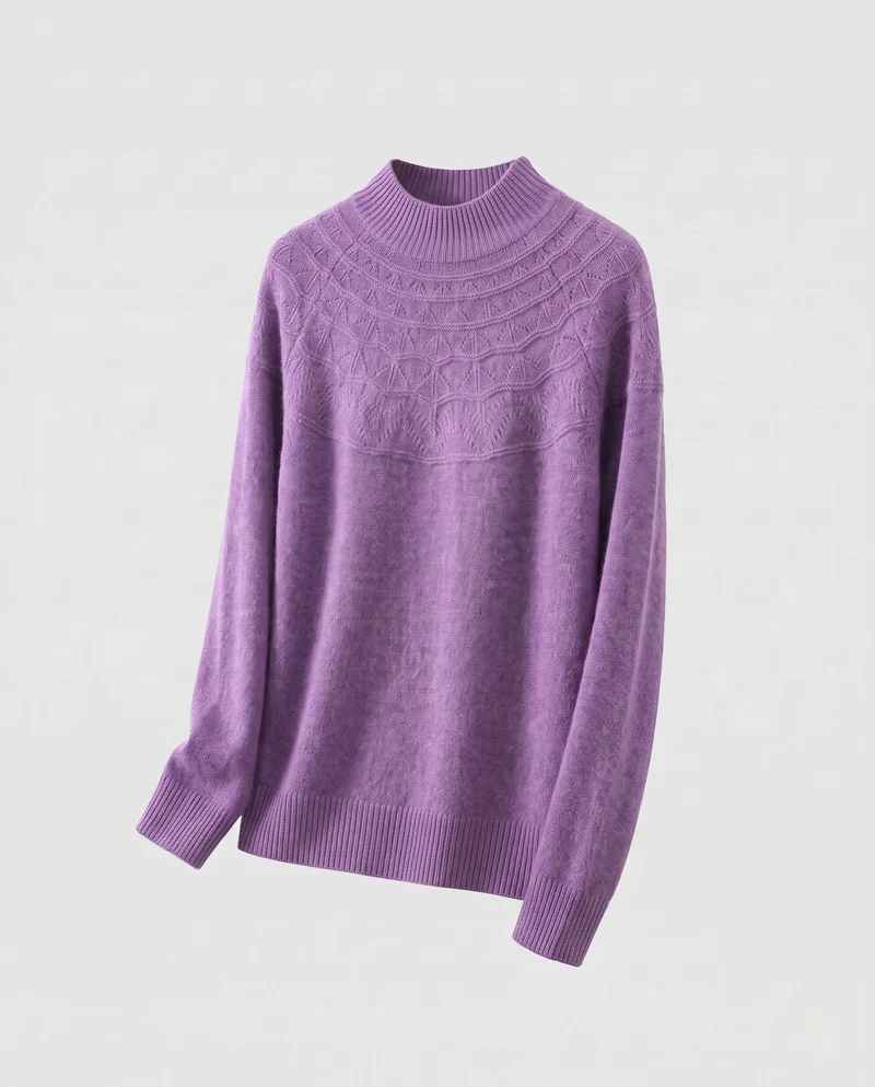 Damen feine Strickpullover mit kurzem Stehkragen und dekorativem Jacquard-Passe Nord Taschen
