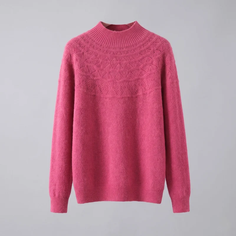 Damen feine Strickpullover mit kurzem Stehkragen und dekorativem Jacquard-Passe Nord Taschen