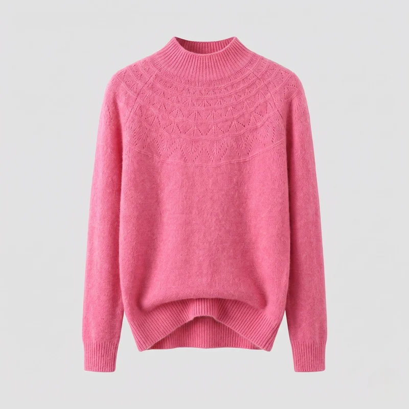 Damen feine Strickpullover mit kurzem Stehkragen und dekorativem Jacquard-Passe Nord Taschen