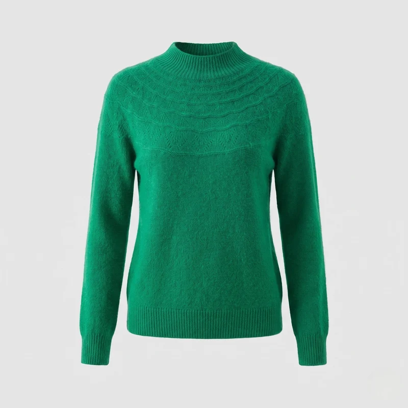 Damen feine Strickpullover mit kurzem Stehkragen und dekorativem Jacquard-Passe Nord Taschen