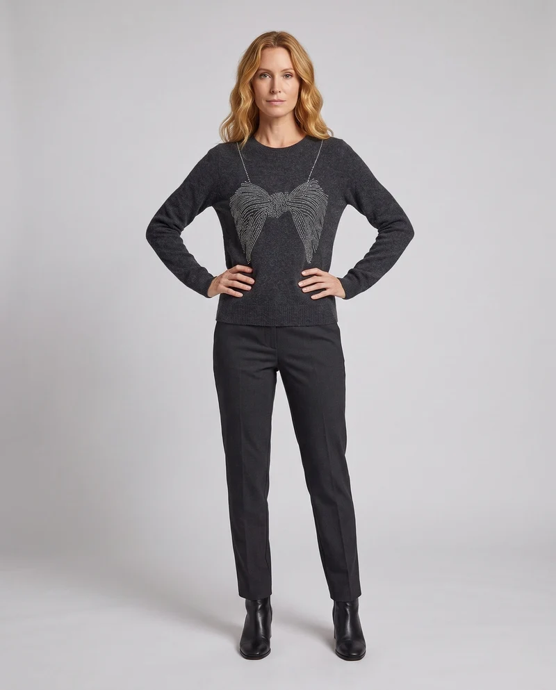Damen feiner Strickpullover mit Rundhalsausschnitt und funkelnder Schleifen-Strassapplikation Nord Taschen
