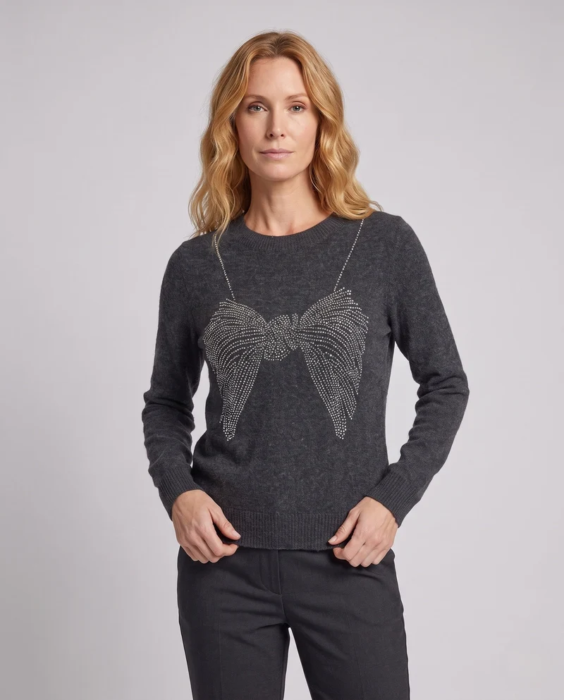 Damen feiner Strickpullover mit Rundhalsausschnitt und funkelnder Schleifen-Strassapplikation Nord Taschen