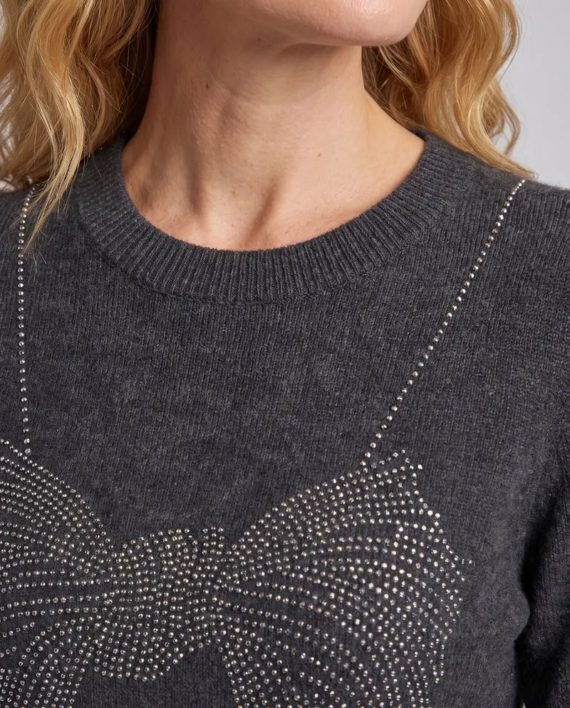 Damen feiner Strickpullover mit Rundhalsausschnitt und funkelnder Schleifen-Strassapplikation Nord Taschen
