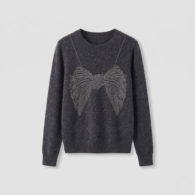 Damen feiner Strickpullover mit Rundhalsausschnitt und funkelnder Schleifen-Strassapplikation Nord Taschen