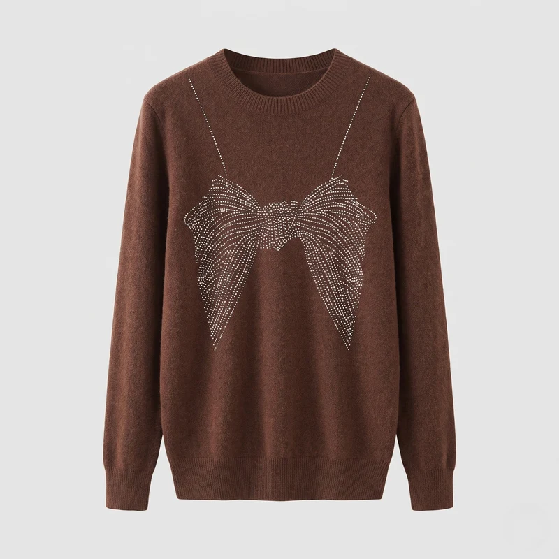 Damen feiner Strickpullover mit Rundhalsausschnitt und funkelnder Schleifen-Strassapplikation Nord Taschen