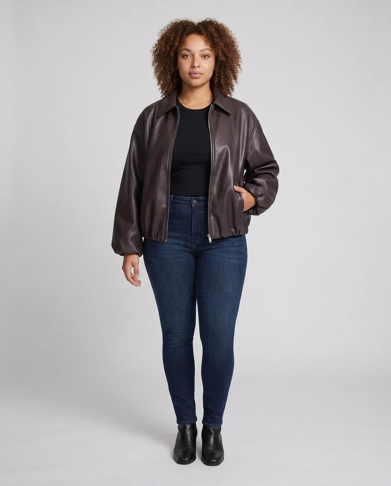 Damen Oversized Lederlook Blouson mit Hemdkragen, Reißverschluss und elastischem Saum Nord Taschen
