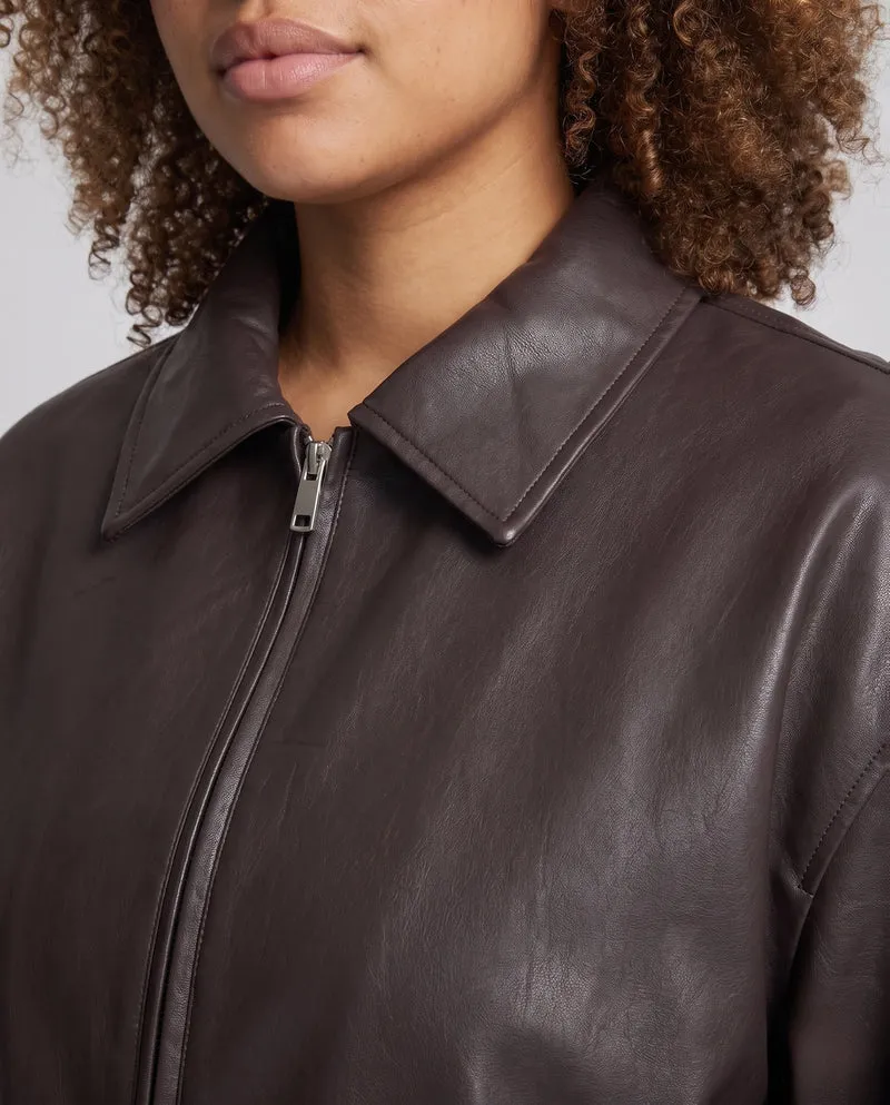 Damen Oversized Lederlook Blouson mit Hemdkragen, Reißverschluss und elastischem Saum Nord Taschen