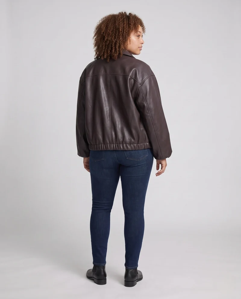 Damen Oversized Lederlook Blouson mit Hemdkragen, Reißverschluss und elastischem Saum Nord Taschen
