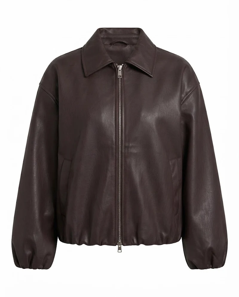 Damen Oversized Lederlook Blouson mit Hemdkragen, Reißverschluss und elastischem Saum Nord Taschen