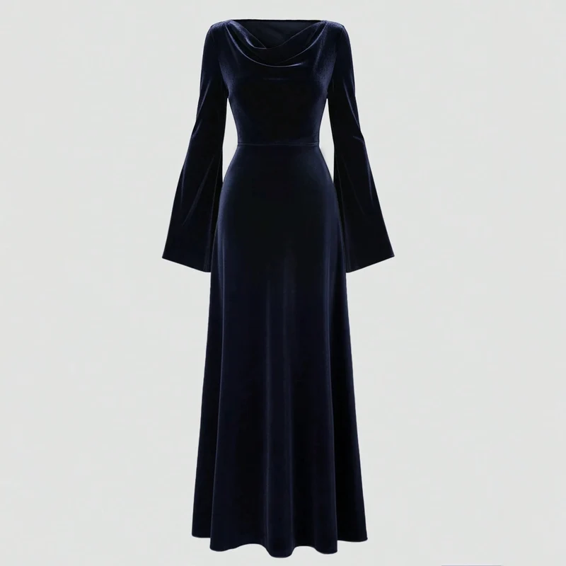 Damen Samt-Abendkleid mit Wasserfall-Ausschnitt, taillierter Silhouette und ausgestellten Trompetenärmeln Nord Taschen