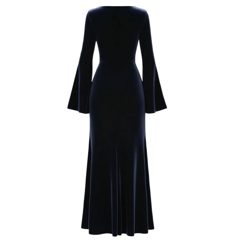 Damen Samt-Abendkleid mit Wasserfall-Ausschnitt, taillierter Silhouette und ausgestellten Trompetenärmeln Nord Taschen