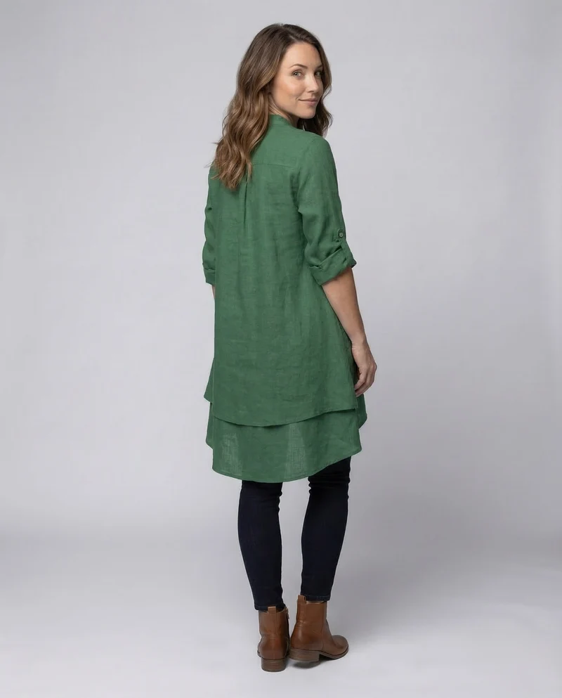 Damen Lagen-Leinenkleid Volantsaum