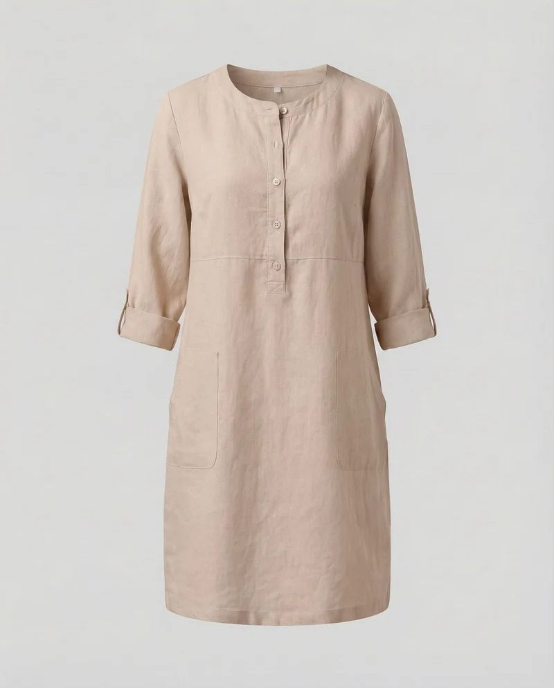 Damen legeres Leinenkleid mit aufgesetzten Taschen