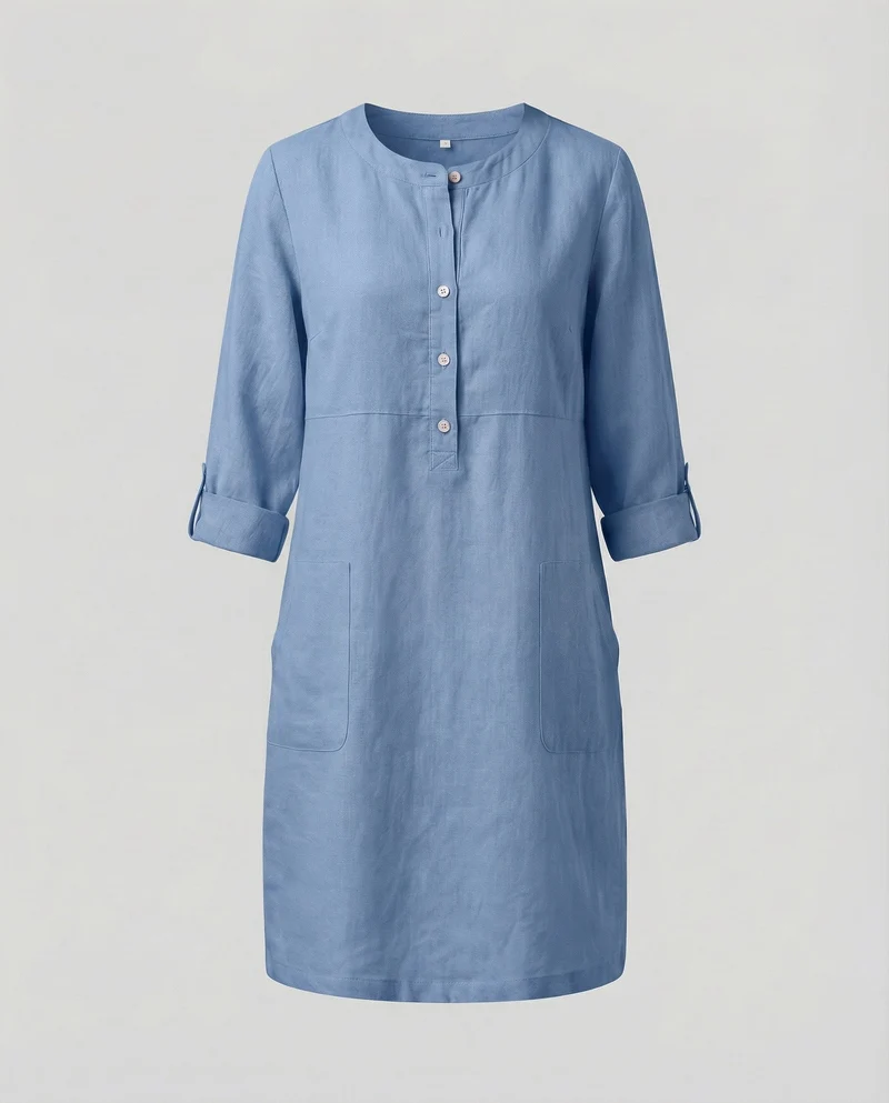Damen legeres Leinenkleid mit aufgesetzten Taschen