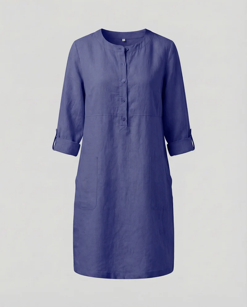Damen legeres Leinenkleid mit aufgesetzten Taschen