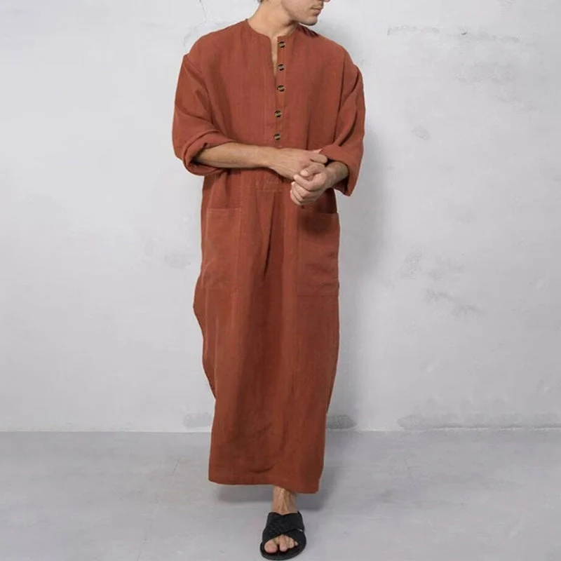 Herren weites langes Tunika-Kaftan aus atmungsaktivem Leinen mit Stehkragen Knopfblende und aufgesetzten Taschen