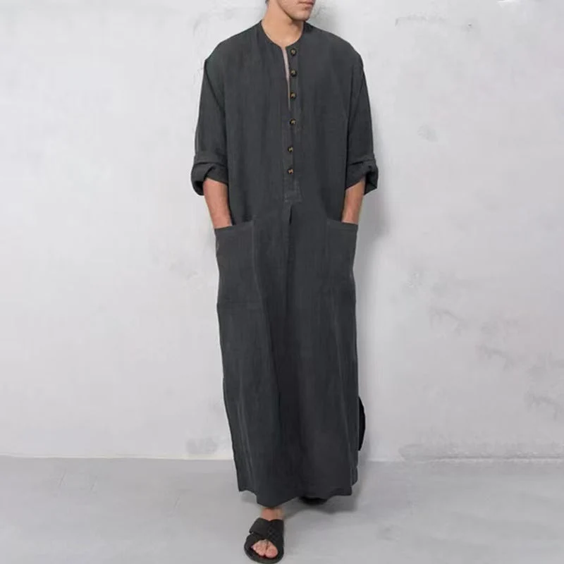 Herren weites langes Tunika-Kaftan aus atmungsaktivem Leinen mit Stehkragen Knopfblende und aufgesetzten Taschen
