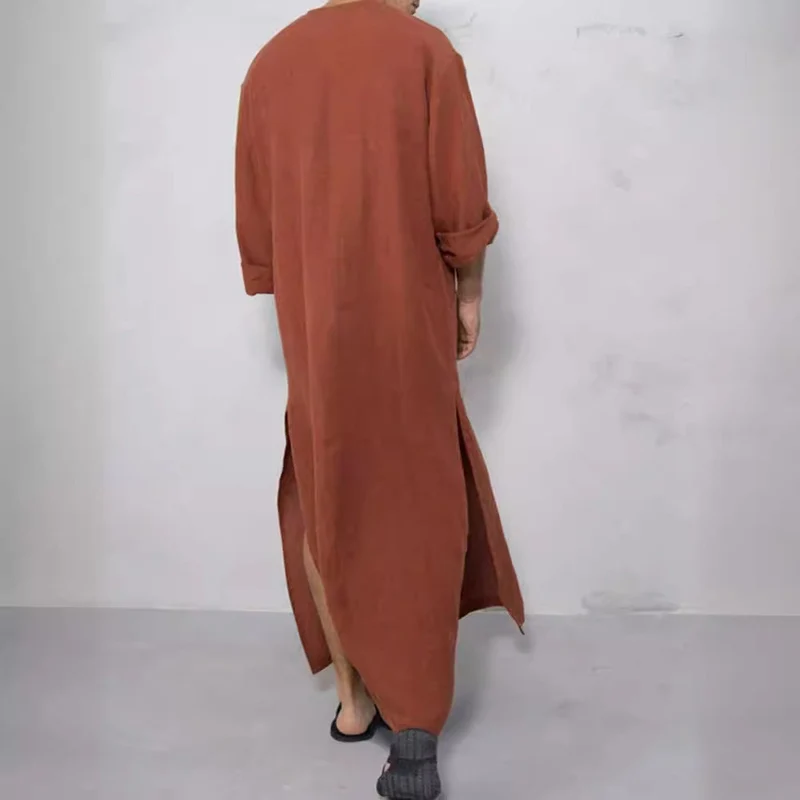 Herren weites langes Tunika-Kaftan aus atmungsaktivem Leinen mit Stehkragen Knopfblende und aufgesetzten Taschen