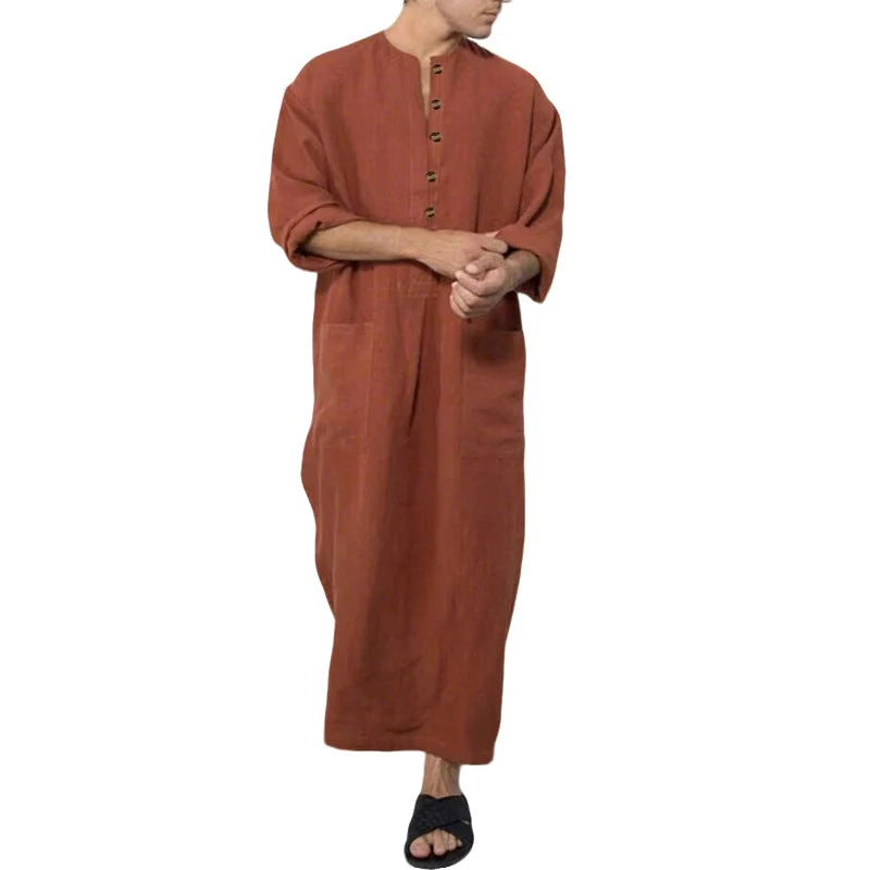 Herren weites langes Tunika-Kaftan aus atmungsaktivem Leinen mit Stehkragen Knopfblende und aufgesetzten Taschen