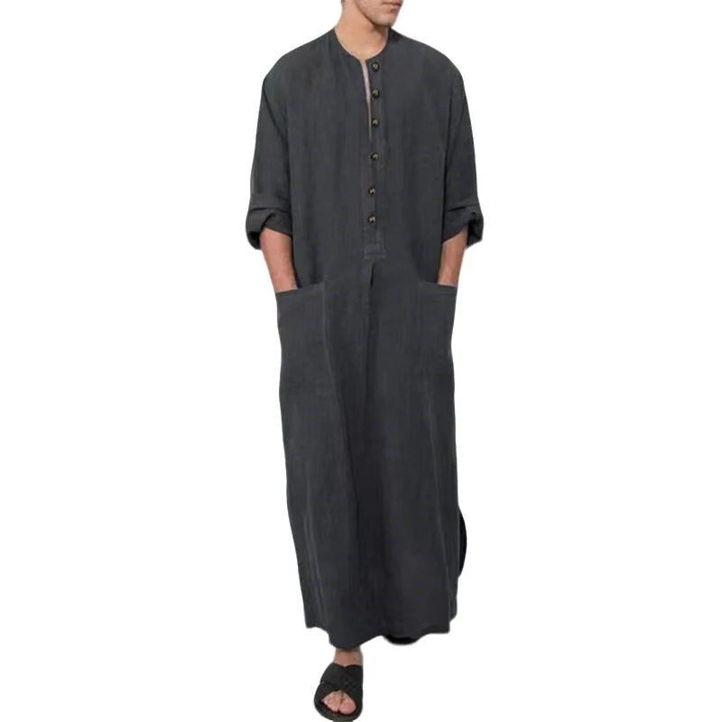 Herren weites langes Tunika-Kaftan aus atmungsaktivem Leinen mit Stehkragen Knopfblende und aufgesetzten Taschen