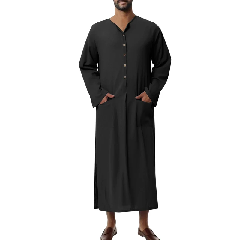 Herren weites langes Tunika-Kaftan aus atmungsaktivem Leinen mit Stehkragen Knopfblende und aufgesetzten Taschen
