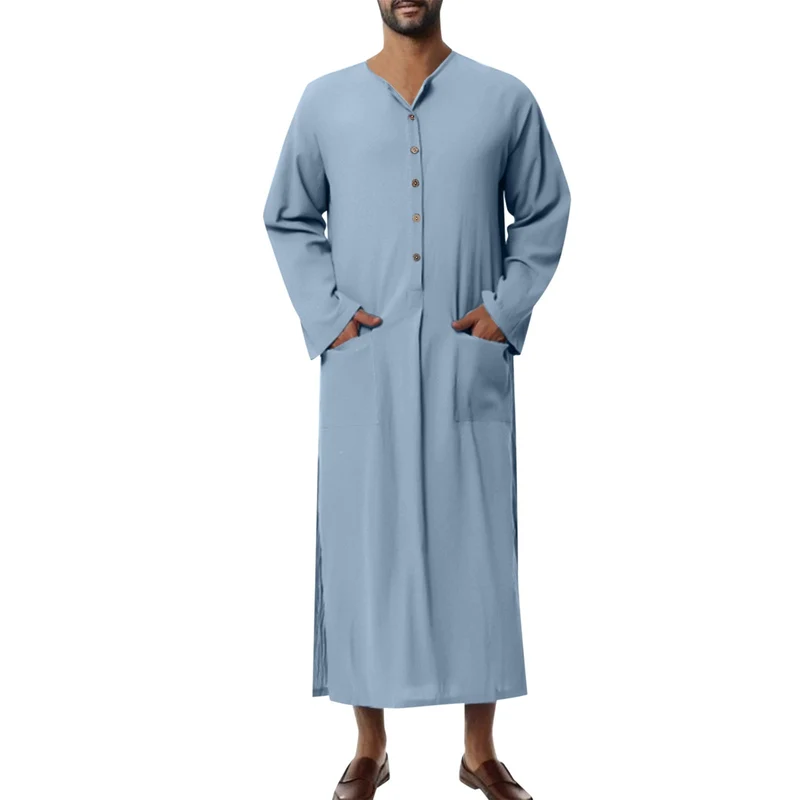 Herren weites langes Tunika-Kaftan aus atmungsaktivem Leinen mit Stehkragen Knopfblende und aufgesetzten Taschen
