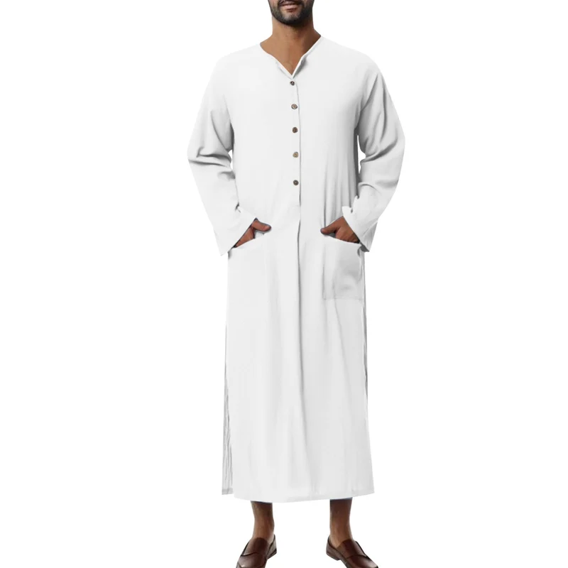 Herren weites langes Tunika-Kaftan aus atmungsaktivem Leinen mit Stehkragen Knopfblende und aufgesetzten Taschen