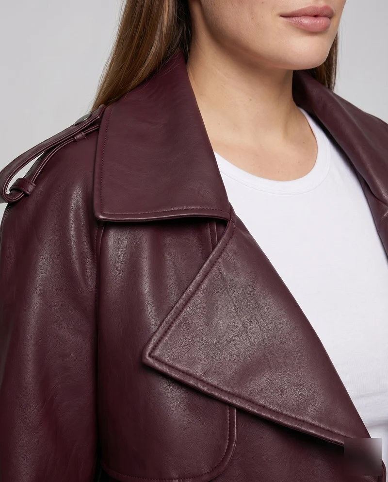 Damen Kimonojacke Lederoptik Schalkragen Schnürungen