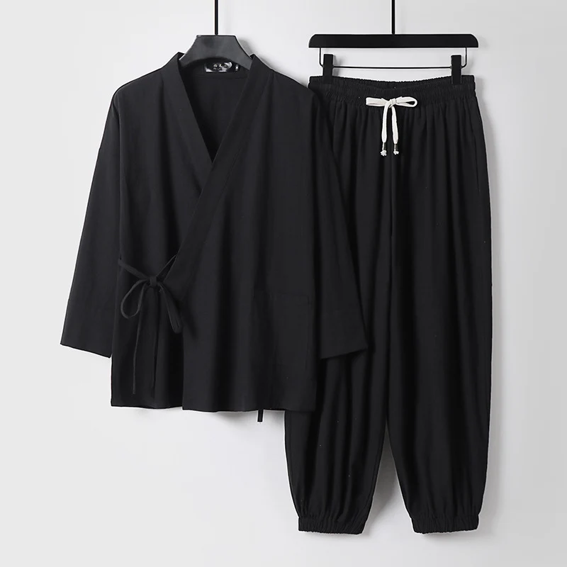 Unisex Entspanntes Kimono-Set mit Wickeljacke, dreiviertelärmeln und elastischer Kordelharemshose Nord Taschen