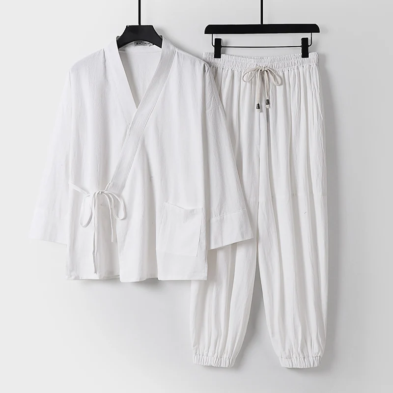 Unisex Entspanntes Kimono-Set mit Wickeljacke, dreiviertelärmeln und elastischer Kordelharemshose Nord Taschen