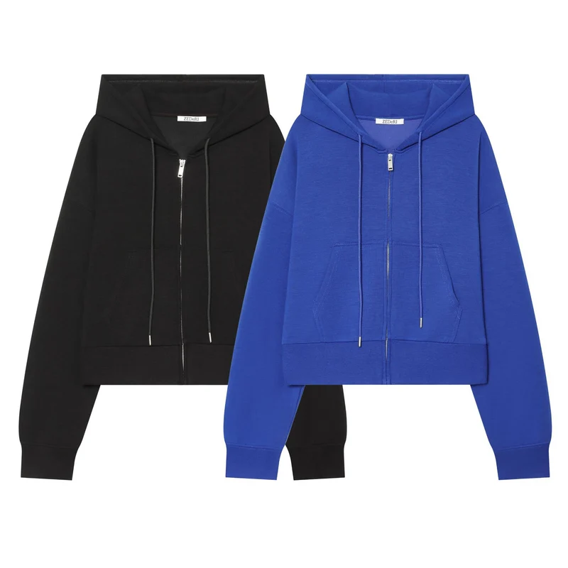 Damen Cropped Sweatjacke mit Metallreißverschluss, Kängurutasche und oversized Kapuze Nord Taschen