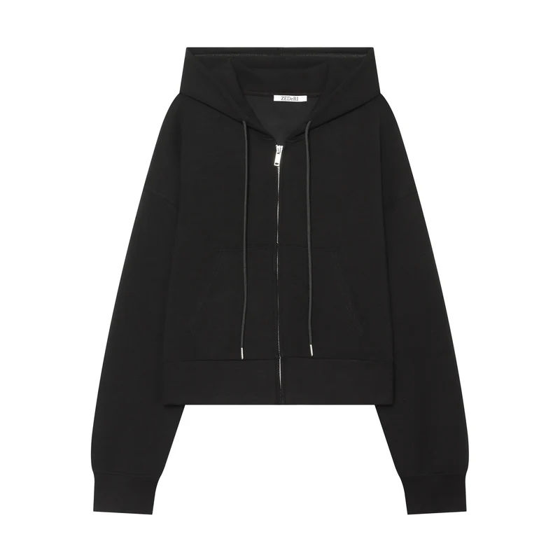 Damen Cropped Sweatjacke mit Metallreißverschluss, Kängurutasche und oversized Kapuze Nord Taschen