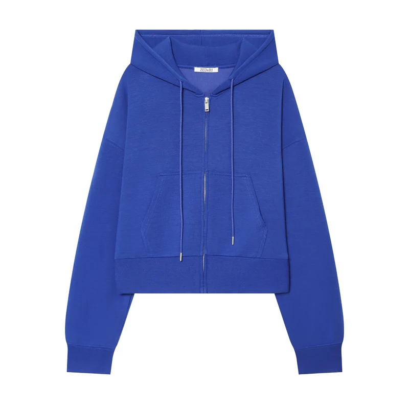 Damen Cropped Sweatjacke mit Metallreißverschluss, Kängurutasche und oversized Kapuze Nord Taschen