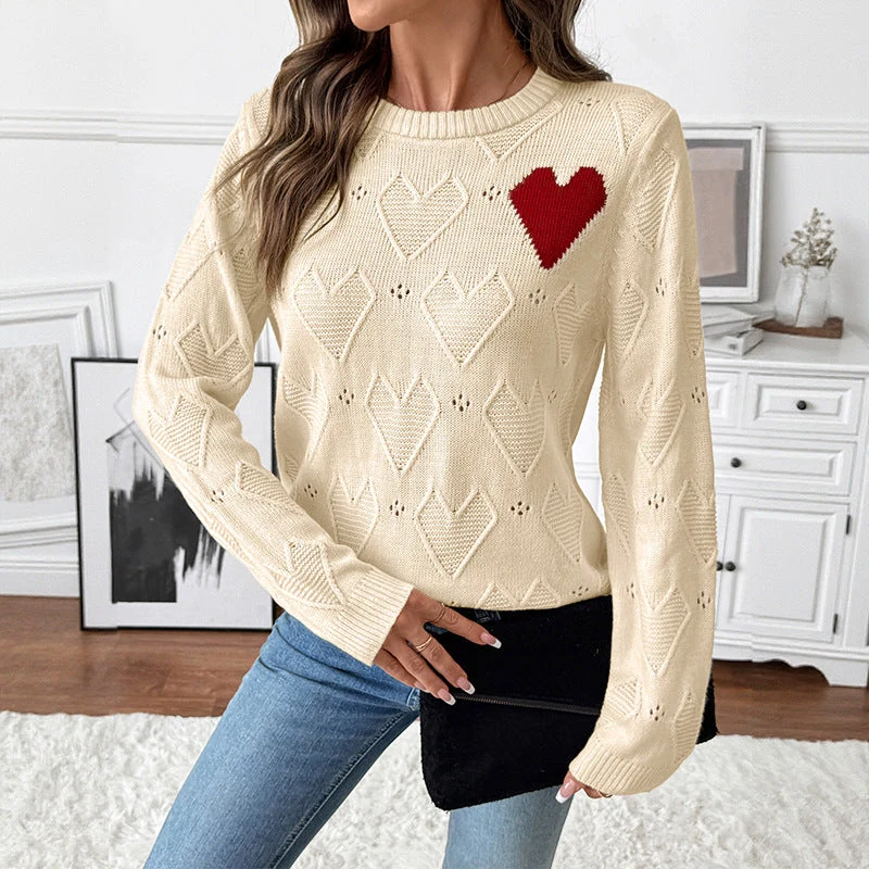 Damen Feinstrickpullover mit Ajour‑Herzmuster, appliziertem Zierherz und Rundhals Nord Taschen