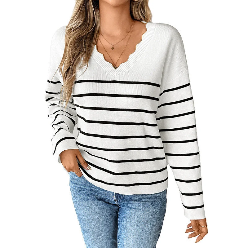 Damen Feinstrickpullover mit gezacktem V‑Ausschnitt, maritimem Streifenmuster & überschnittener Schulter Nord Taschen