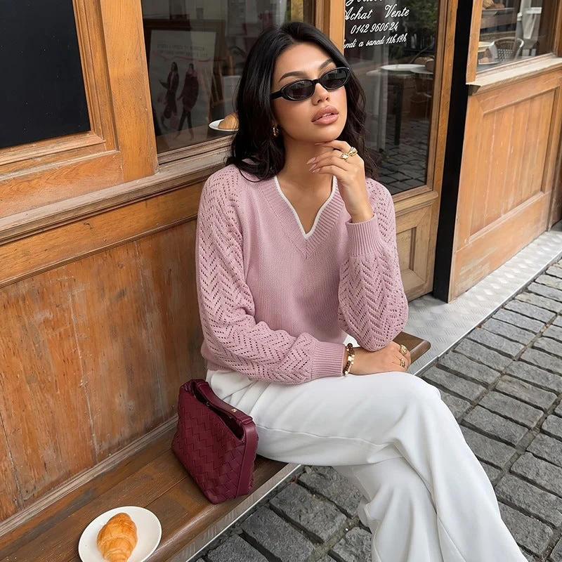 Damen Feinstrickpullover mit tiefem V-Ausschnitt, Ajour‑Ärmeln und geripptem Saum Nord Taschen