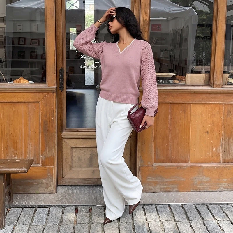 Damen Feinstrickpullover mit tiefem V-Ausschnitt, Ajour‑Ärmeln und geripptem Saum Nord Taschen