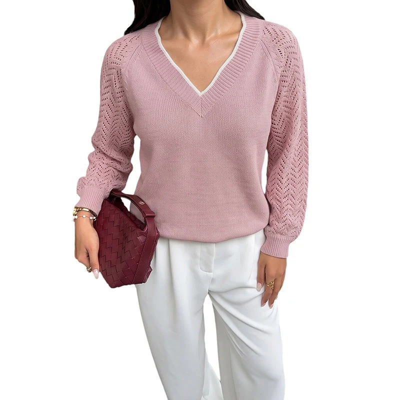 Damen Feinstrickpullover mit tiefem V-Ausschnitt, Ajour‑Ärmeln und geripptem Saum Nord Taschen