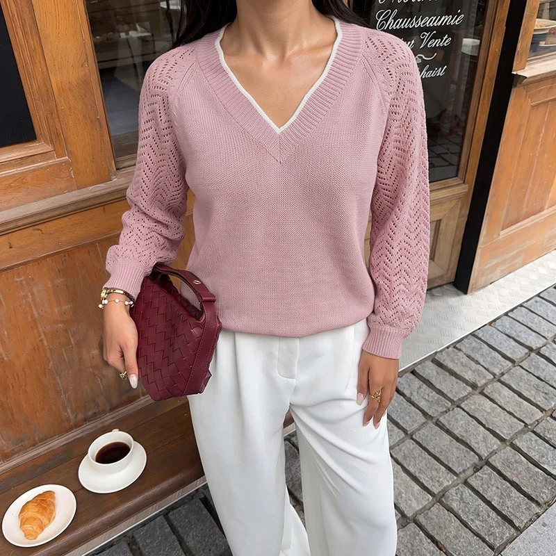 Damen Feinstrickpullover mit tiefem V-Ausschnitt, Ajour‑Ärmeln und geripptem Saum Nord Taschen