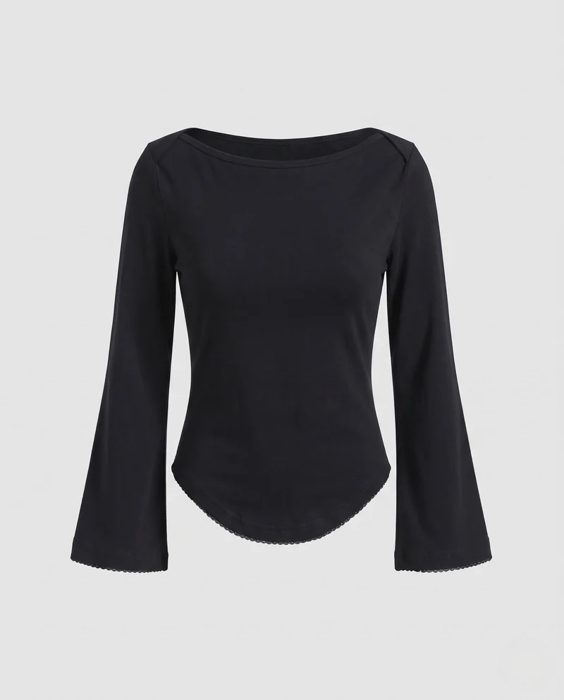 Frauen Langarm-Bodysuit mit Bootsausschnitt und zarter Borte Nord Taschen