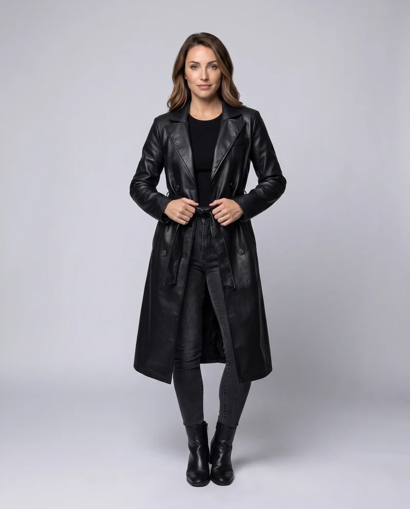 Damen längerer taillierter Trenchcoat aus veganem Lederlook mit Bindegürtel und Reverskragen Nord Taschen